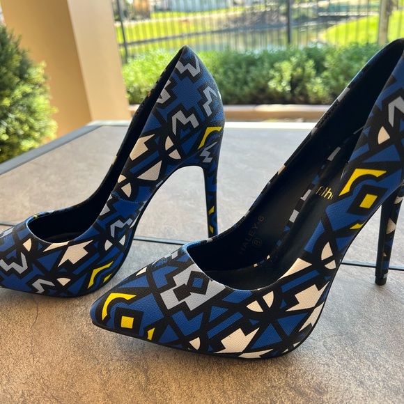 Athena Shoes - Athena Blue and Yellow Geometric Heels